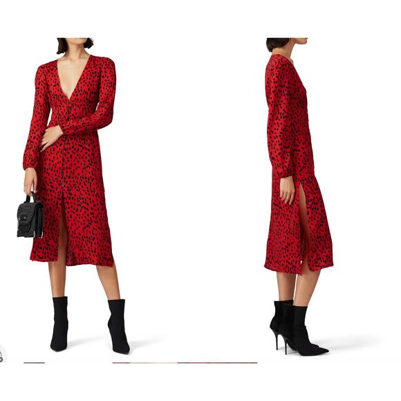 Women’s Small Caara Red Black Animal Print Midi Dress Long Sleeve - READ - Picture 2 of 9